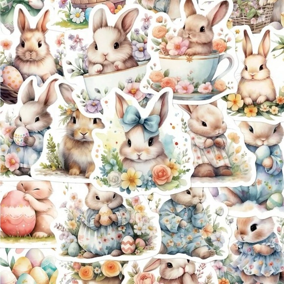 50 Adorable Springtime Bunny Stickers Easter Garden Flowers Eggs Teacups - Picture 1 of 6